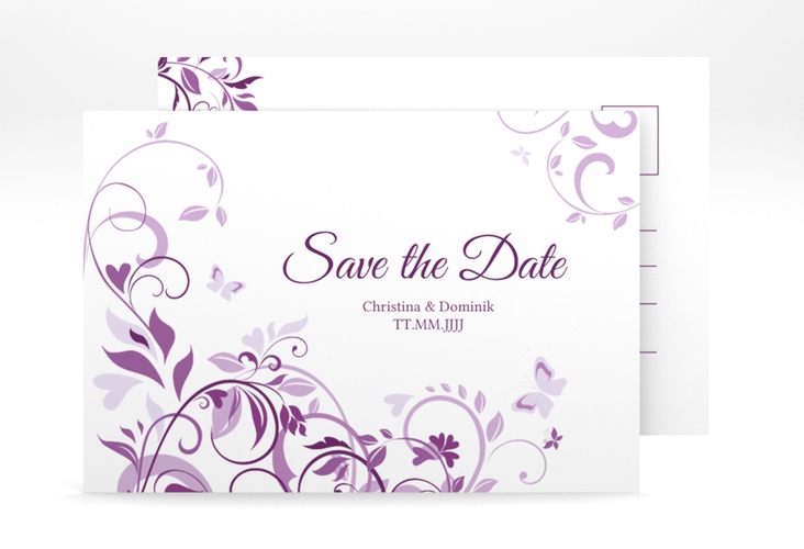 Save the Date-Postkarte Lilly A6 Postkarte lila hochglanz