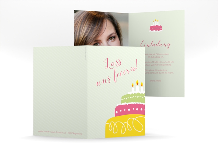 Einladung Geburtstag Cake A6 Klappkarte hoch gruen