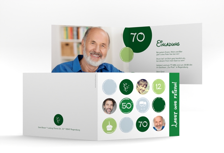 Einladung 70. Geburtstag Circles A6 Klappkarte quer gruen