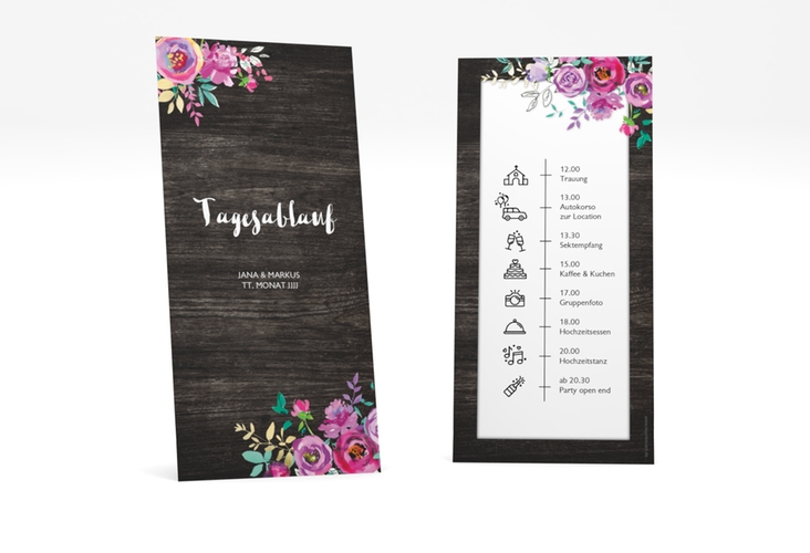 Tagesablauf Hochzeit Flourish lange Karte hoch schwarz mit floraler Bauernmalerei auf Holz