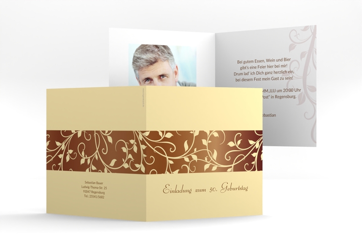 Einladung 50. Geburtstag Hermann/Hermine quadr. Klappkarte braun