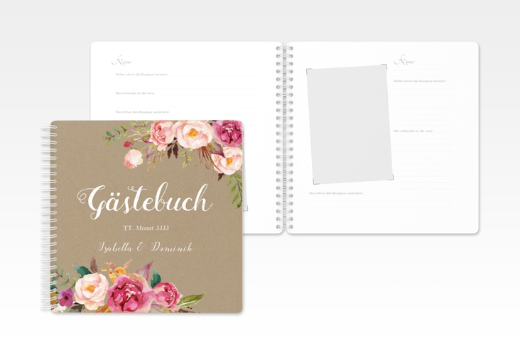 Gästebuch Hochzeit Flowers Ringbindung Kraftpapier mit bunten Aquarell-Blumen