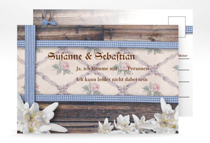 Antwortkarte Hochzeit Bayern A6 Postkarte mit Edelweiß in rustikaler Holz-Optik