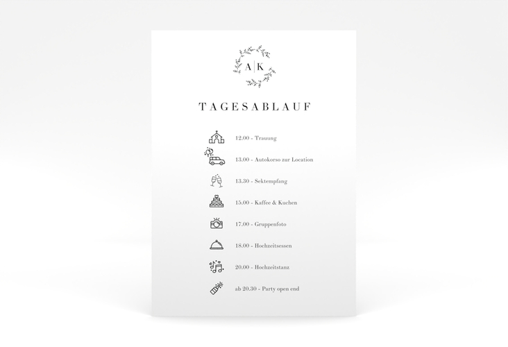 Tagesablauf Poster Hochzeit Filigrana 50 x 70 cm Poster in reduziertem Design mit Initialen und zartem Blätterkranz