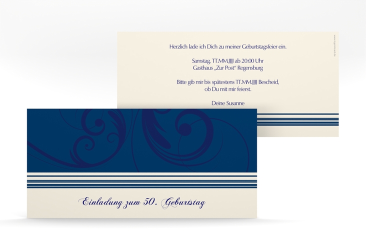 Einladung 50. Geburtstag Katharina lange Karte quer blau hochglanz