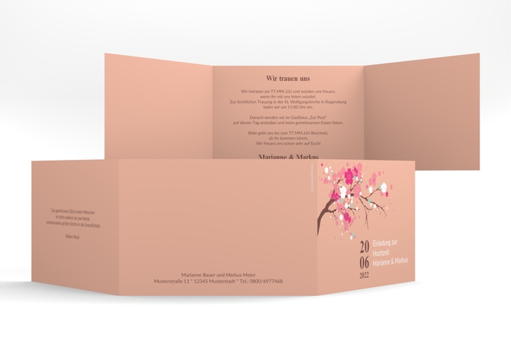 Hochzeitseinladung Sakura A6 Doppel-Klappkarte apricot