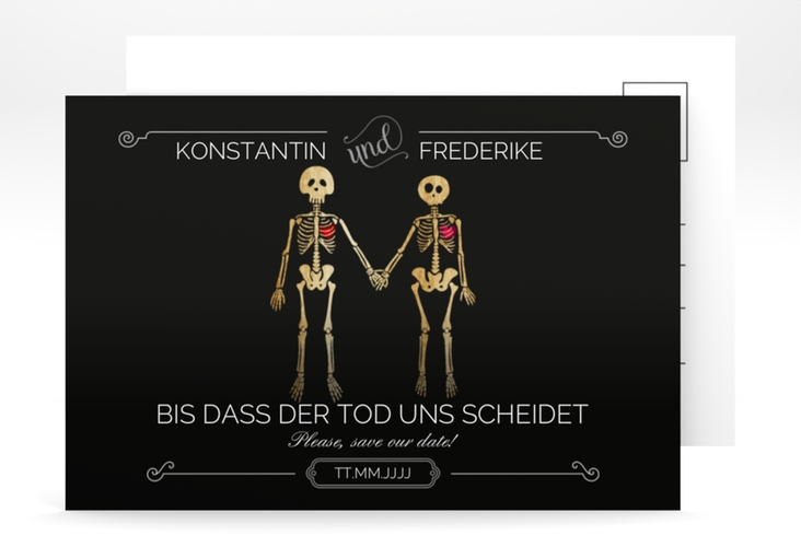 Save the Date-Postkarte Bones A6 Postkarte schwarz hochglanz witzig mit Skelett-Brautpaar