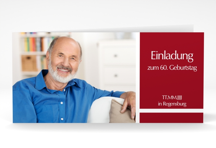 Einladung 60. Geburtstag Gerd/Gerda lange Klappkarte quer rot mit Foto