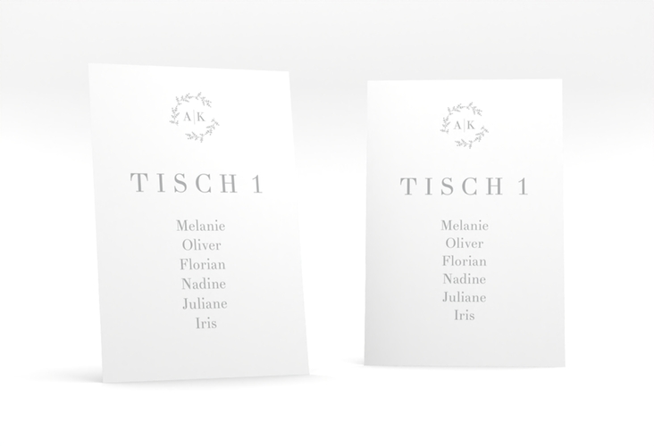 Tischaufsteller Hochzeit Filigrana Tischaufsteller grau in reduziertem Design mit Initialen und zartem Blätterkranz