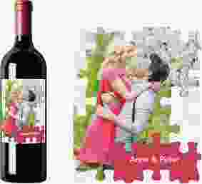 Weinetikett zur Hochzeit Puzzle Etikett Weinflasche 4er Set rot