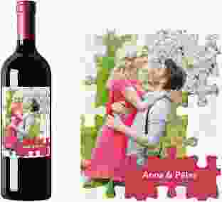 Weinetikett zur Hochzeit "Puzzle" Etikett Weinflasche 4er Set rot