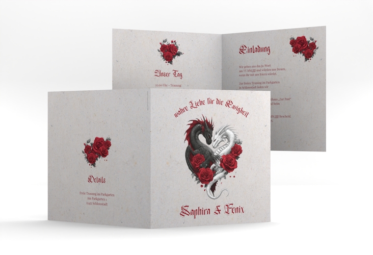 Hochzeitseinladung Drachenliebe quadr. Klappkarte grau