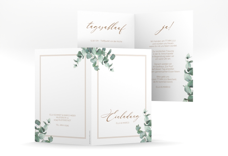 Einladungskarte Hochzeit Eucalypt A6 Klappkarte hoch mit Eukalyptus und edlem Rahmen
