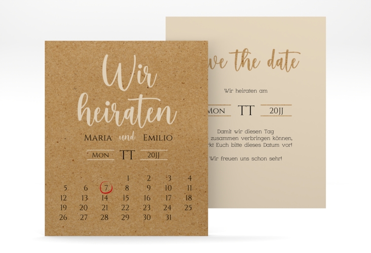 Save the Date-Kalenderblatt Noble Kalenderblatt-Karte Kraftpapier hochglanz mit elegantem Schriftzug