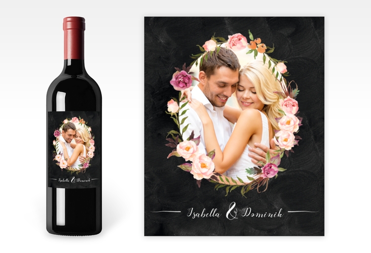 Weinetikett zur Hochzeit Flowers Etikett Weinflasche 4er Set schwarz mit bunten Aquarell-Blumen