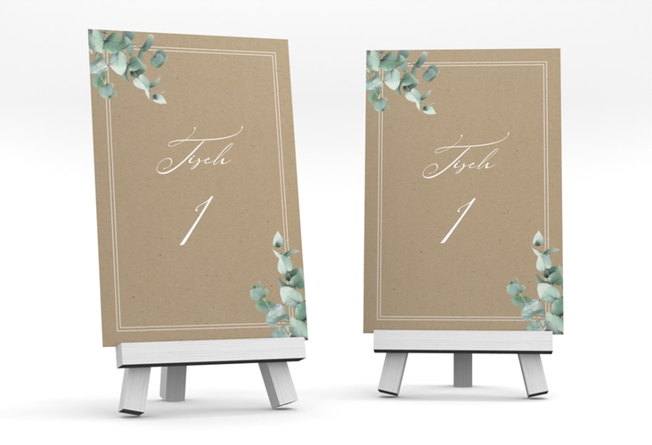 Tischnummer Hochzeit Eucalypt Tischaufsteller Kraftpapier hochglanz mit Eukalyptus und edlem Rahmen