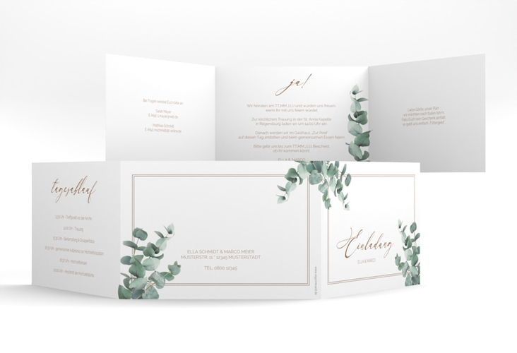 Hochzeitseinladung Eucalypt A6 Doppel-Klappkarte weiss mit Eukalyptus und edlem Rahmen