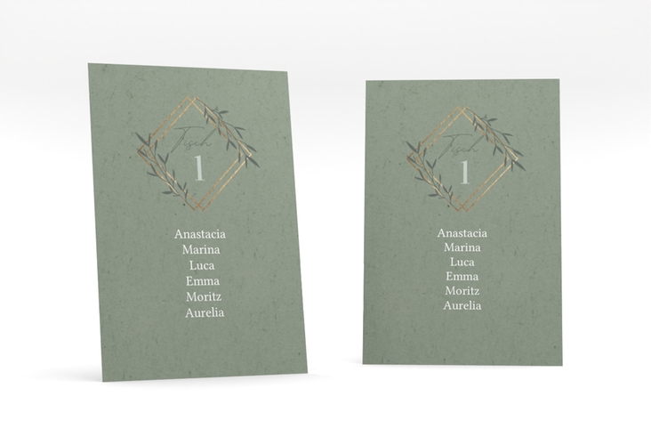 Tischaufsteller Hochzeit Greenletter Tischaufsteller gruen mit Initialen in elegantem Goldrahmen mit Blättern