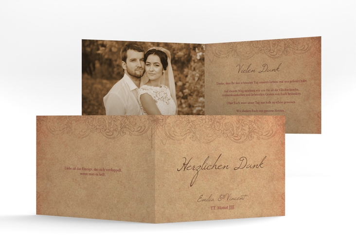 Danksagungskarte Hochzeit Fairytale A6 Klappkarte quer braun mit Vintage-Bordüre