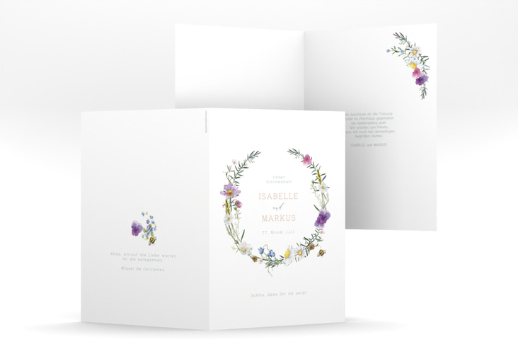 Kirchenheft Hochzeit Blumengarten A5 Klappkarte hoch mit Blumenkranz und Hummel