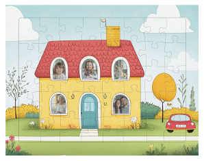 Fotopuzzle 40 Teile Fotohaus 40 Teile bunt mit Haus und fünf Familienfotos in den Fenstern