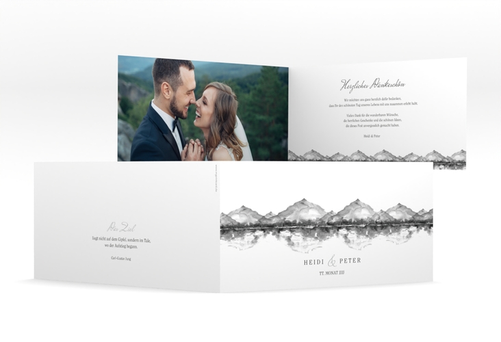 Danksagungskarte Hochzeit Bergliebe lange Klappkarte quer grau hochglanz mit Gebirgspanorama für Berghochzeit