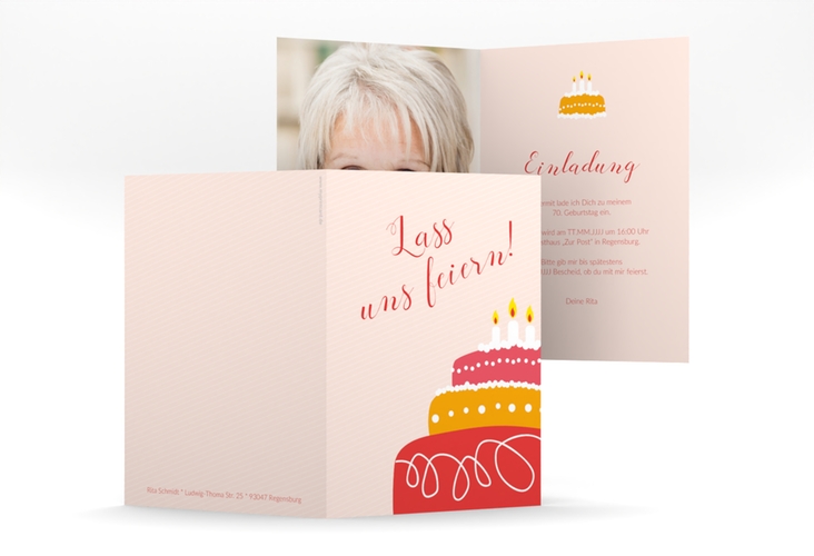 Einladung 70. Geburtstag Cake A6 Klappkarte hoch rot