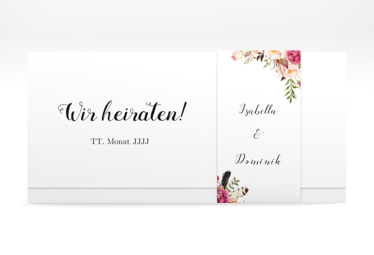 Hochzeitseinladung Flowers Wickelfalzkarte + Banderole weiss hochglanz mit bunten Aquarell-Blumen