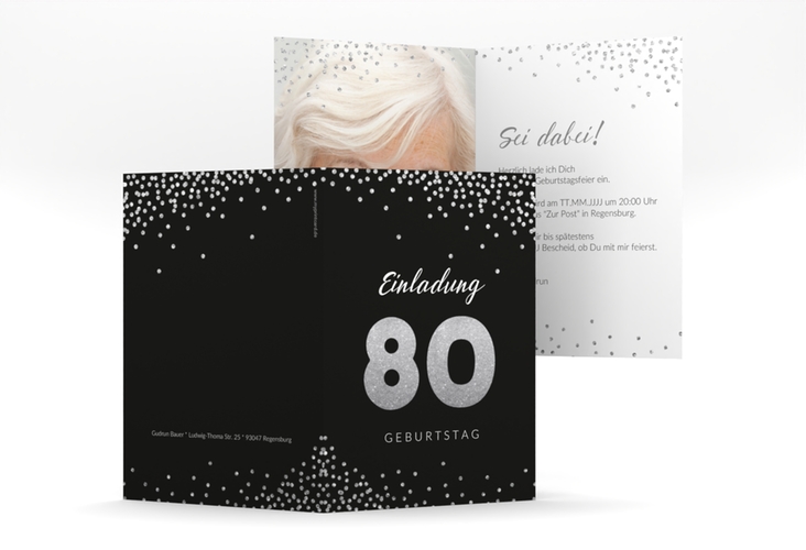 Einladung 80. Geburtstag Glitzer A6 Klappkarte hoch grau