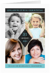 Einladung 50. Geburtstag Rhombus A6 Klappkarte hoch tuerkis modern mit vier Fotos