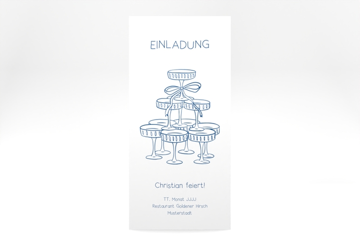 Einladung Geburtstag Sektpyramide lange Karte hoch blau mit einfacher Illustration in Dunkelblau