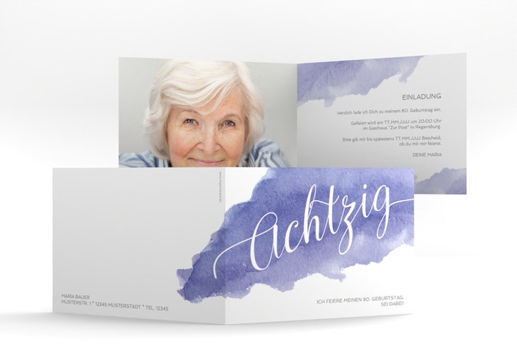 Einladung 80. Geburtstag Aquarell A6 Klappkarte quer blau