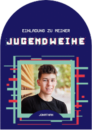 Klick: Details zu Einladung Jugendweihe "Glitch" anzeigen Einladung Jugendweihe Glitch mittlere Bogen-Karte + Foto blau