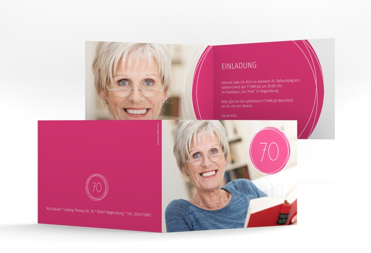 Einladung 70. Geburtstag Twister A6 Klappkarte quer pink
