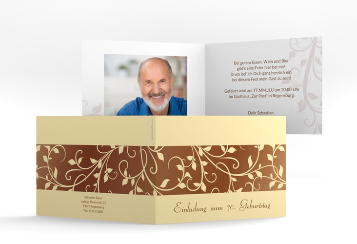 Einladung 70. Geburtstag Hermann/Hermine A6 Klappkarte quer braun