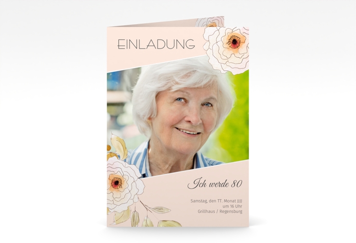 Einladung 80. Geburtstag Fleur A6 Klappkarte hoch