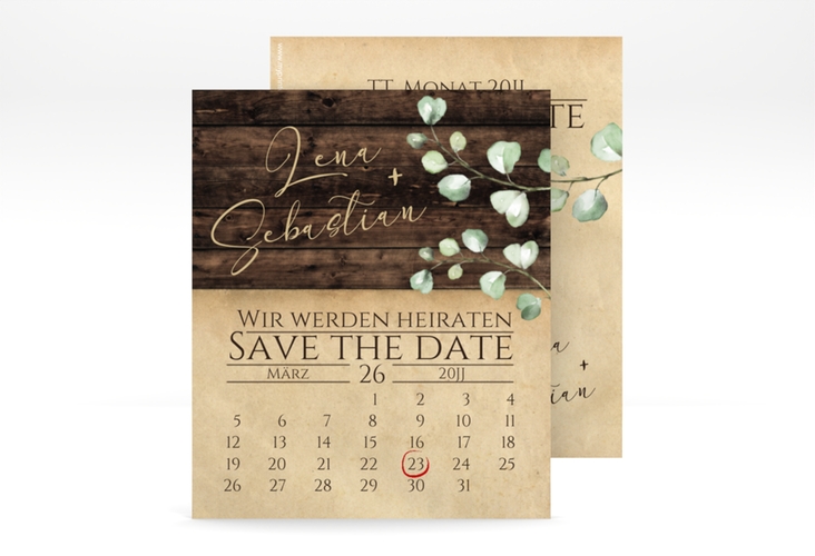 Save the Date-Kalenderblatt Landhaus Kalenderblatt-Karte braun in Holz-Optik mit Eukalyptus