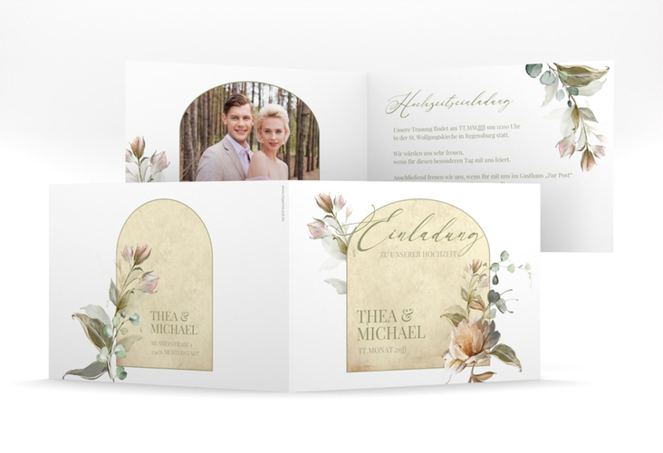 Hochzeitseinladung Dornröschen mittlere Klappkarte quer weiss mit Aquarell-Rosen im Vintage-Look