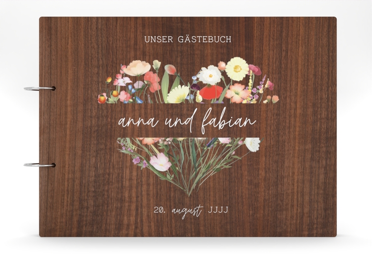 Gästebuch Holzcover Nussbaum Wildblumenherz Holz-Cover, bedruckt bunt