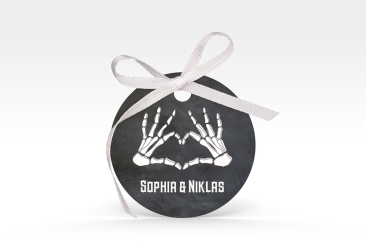 Geschenkanhänger Hochzeit Skeleton Geschenkanhänger, rund schwarz mit Skelett-Händen