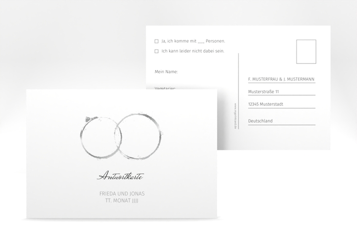 Antwortkarte Hochzeit Trauringe A6 Postkarte grau minimalistisch gestaltet mit zwei Eheringen