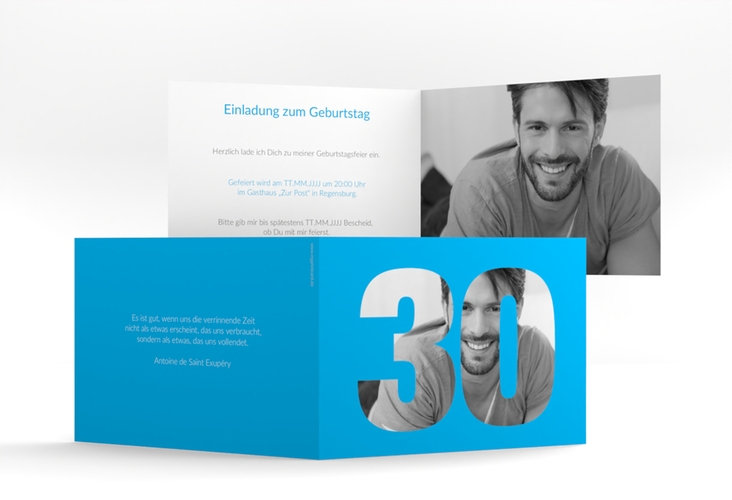 Einladung 30. Geburtstag Numbers A6 Klappkarte quer blau