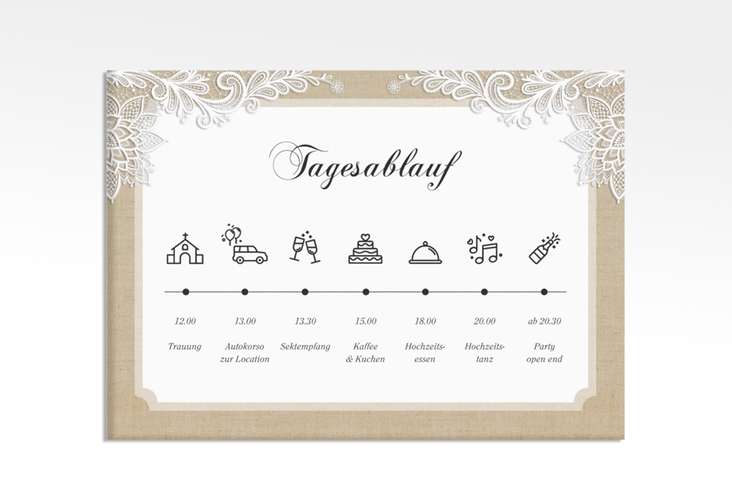 Tagesablauf Leinwand Hochzeit Lace 70 x 50 cm Leinwand in Leinen-Optik mit weißer Spitze