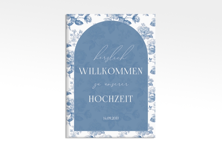 Willkommensschild Leinwand Floral Blue 50 x 70 cm Leinwand blau mit blauem Blumenmuster auf weißem Grund
