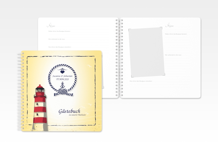 Gästebuch Hochzeit Sylt Ringbindung gelb mit Leuchtturm