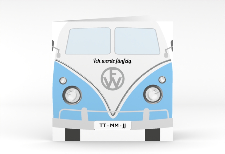 Einladung 50. Geburtstag Bulli Bus quadr. Klappkarte