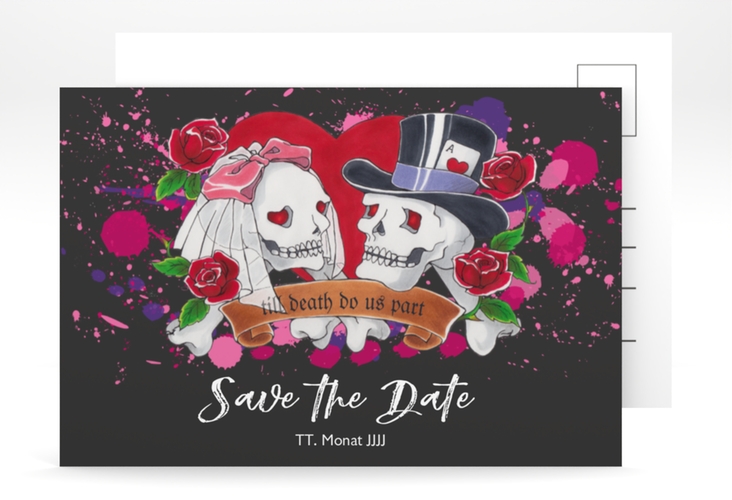 Save the Date-Postkarte Palermo A6 Postkarte hochglanz mit Totenkopf-Paar und Herz im Tattoo-Stil