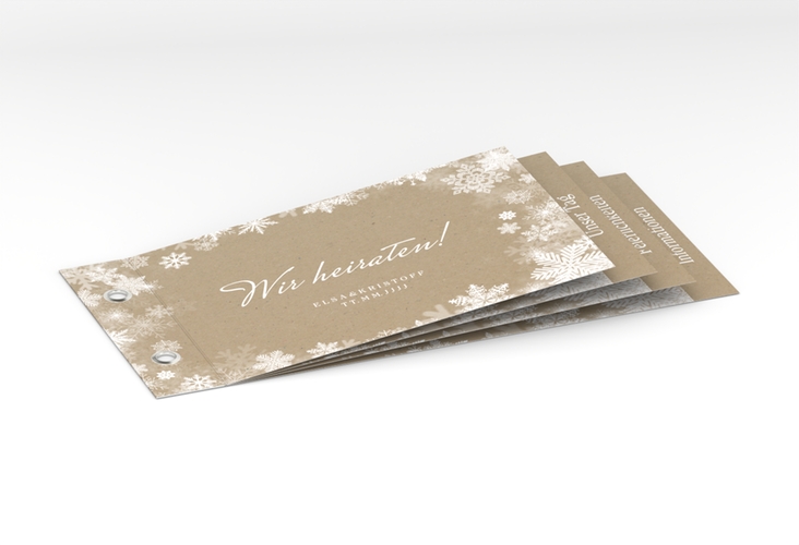 Hochzeitseinladung Snowfall Booklet Kraftpapier hochglanz mit Schneeflocken für Winterhochzeit