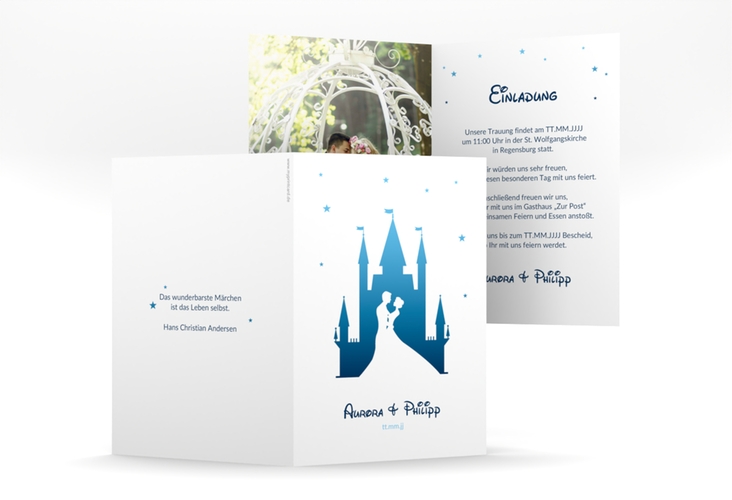 Einladungskarte Hochzeit Castle A6 Klappkarte hoch blau hochglanz