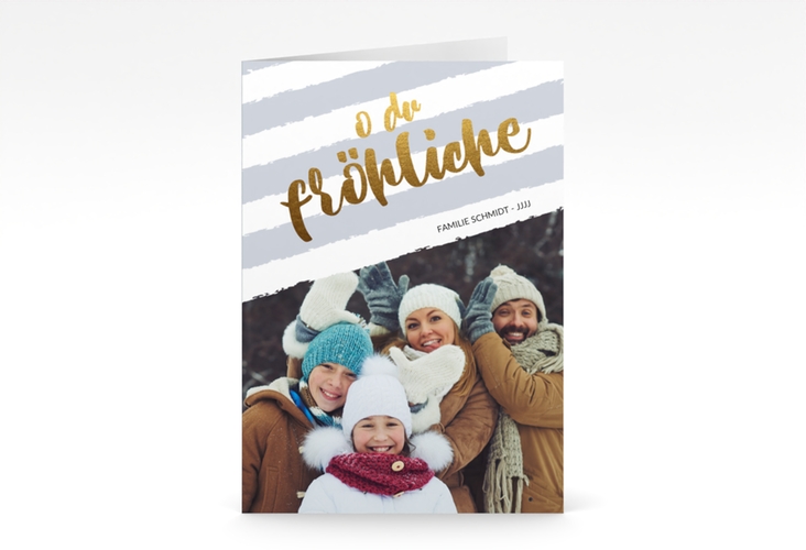 Weihnachtskarte Weihnachtslied A6 Klappkarte hoch blau gestreift mit Familienfoto